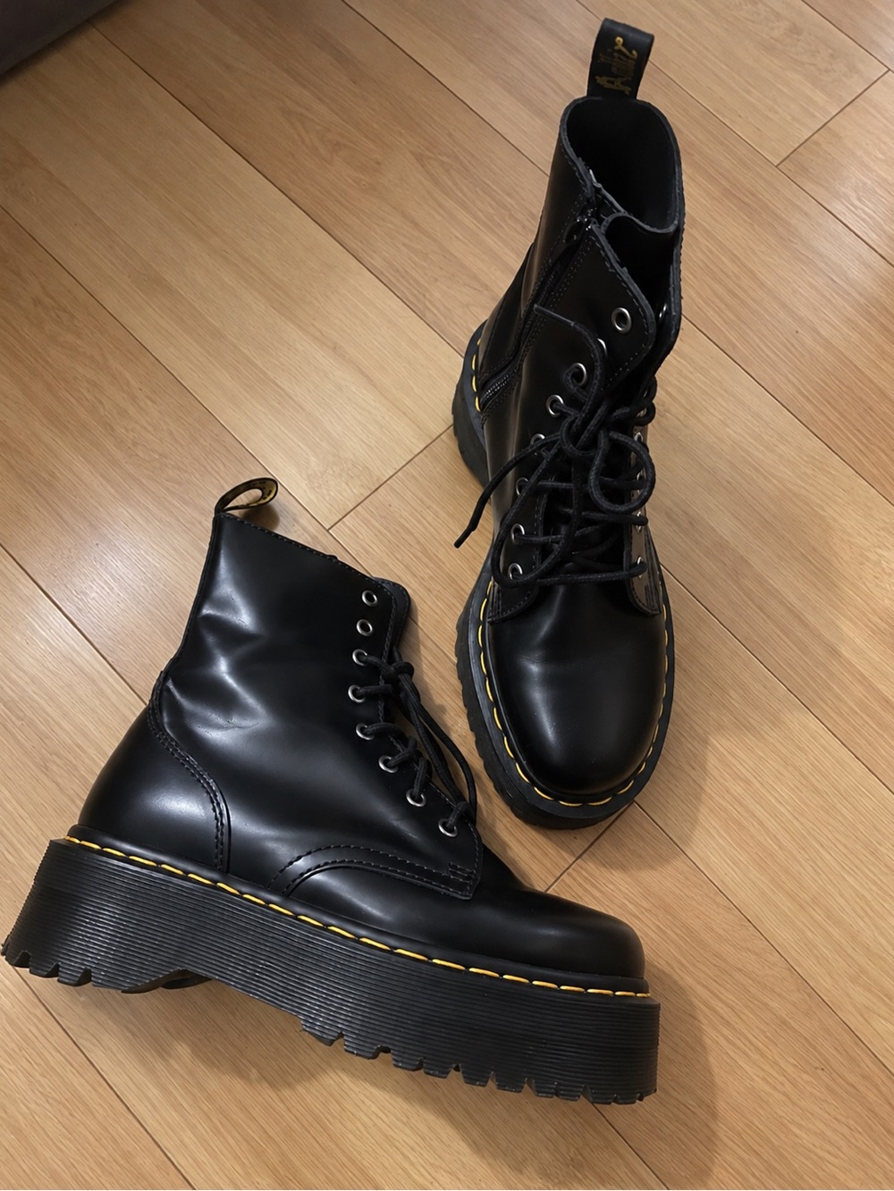 Dr. Martens Black Leather Platform Lace-Up Ankle Boots with Yellow Stitching